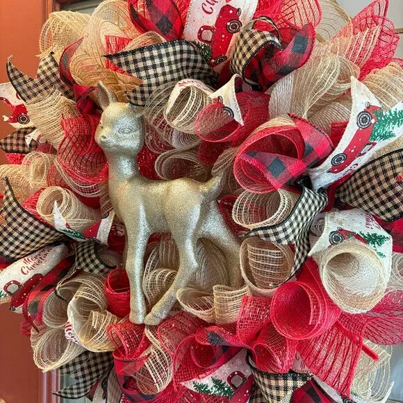 Golden Reindeer Deco Mesh Christmas Wreath - 24 inch - Picture 3 of 4